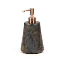 Reen Dark Soap Dispenser - Tapered Dark green Stone Body dispenser with a copper-colored metal pump, shown on a plain white background. 