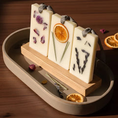 The Signature Trio · Wax Tablet · Flower Blossom, Lemongrass and Lavender, three tablets upright on wooden stand in a tray