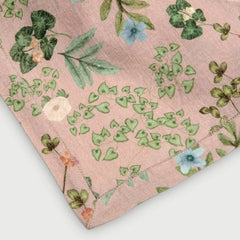 Valley Rose Linen Table Cover close-up of corner hem-stitch and botanical print