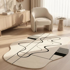 Modern living room with a decorative rug featuring black wavy lines on a light wood floor.