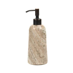 A countertop Rower soap dispenser bottle made of beige and gray marble with a dark bronze pump dispenser, shown on a solid white background. 