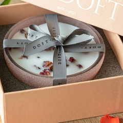 Rose Mini Bowl Candle - Blush · English Rose, speckled blush bowl tied with grey Doft ribbon in open gift box