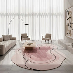 Modern living room with a pink wavy rug, beige sofa, and chairs.