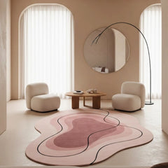 Modern living room with a pink rug, white chairs, and a round mirror.