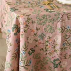 Valley Rose Linen Table Cover draped over table edge showing floral print