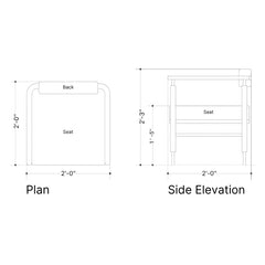 A black-and-white technical dimension drawing showing a chair from the front labeled 'Plan' and from the side labeled 'Side Elevation,' with measurements for height and width.