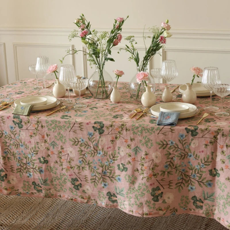 Valley Rose Linen Table Cover on dining table with bud vases, glassware and plates
