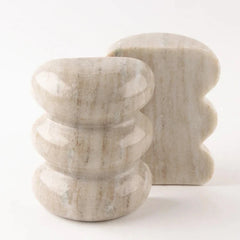 Ripple Bookend - Set of 2 - Staggered Pair, Polished Beige Marble with Natural Veining
