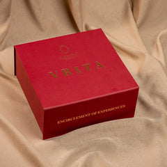 Ratri Cards in a Red box with 'Vrita' branding on a beige fabric background