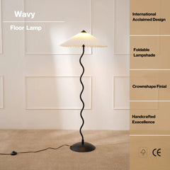 Wavy floor lamp with a foldable lampshade in a minimalistic room.