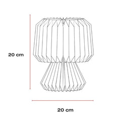 A line drawing of a faceted geometric Orilamp table lamp with dimension labels showing 20 cm height and 20 cm width on a white background.