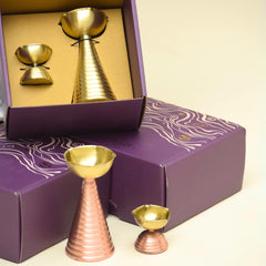 Brass Diya Pair Gift Set: handcrafted tall & short diyas for Diwali rituals in a gift box