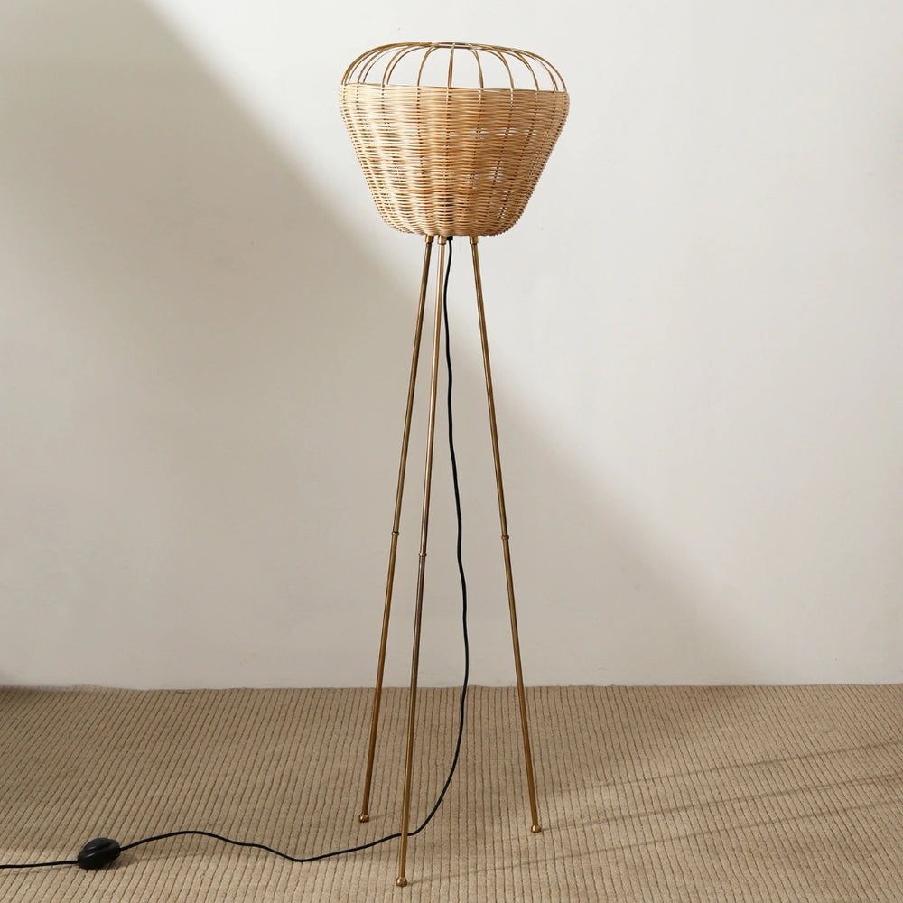 Tripod Floor lamp with woven basket shade and sleek tripod legs