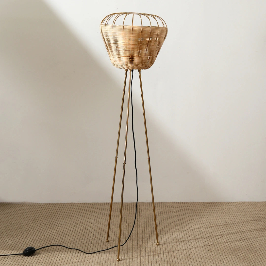 Tripod Floor lamp with woven basket shade and sleek tripod legs