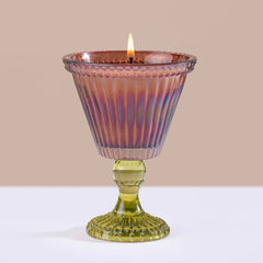 Sundae - Votive Candles - Variety - Set of 4, lit plum iridescent glass on green pedestal stem