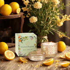 Venetian Bergamot Fragrance with Trinket Jar Candle with lid, candle jar and box placed on wooden table with lemons