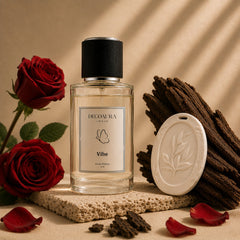 Gift Hamper Discovery Set: Diffuser Stone + Perfume Room Spray - Vibe Glass Bottle with Leaf-Embossed White Diffuser Stone, Red Roses & Dark Wood