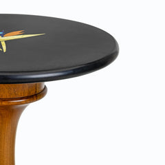 Bird of Paradise - Teak, close-up of black marble top edge with bird of paradise stone inlay