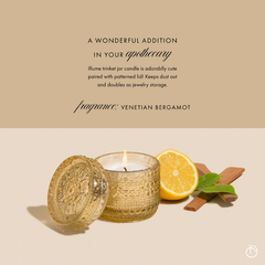 Venetian Bergamot Fragrance with Trinket Jar Candle, lit gold glass jar with lemon and cinnamon, apothecary text infographic