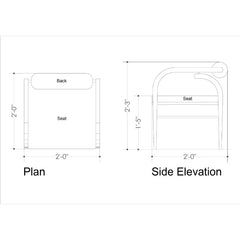 A black and white technical line drawing showing dimensions of a bench or chair, labeled with 'Plan' and 'Side Elevation' and marked with measurements such as 2'-0" and 2'-3".