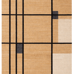Rug with geometric pattern of squares and lines on a beige background