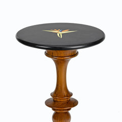 Bird of Paradise - Teak, inlaid black marble top on turned teak wood pedestal, upper view