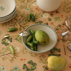 Valley Peach Linen Table Cover with bowl of mango and green chillies, close view