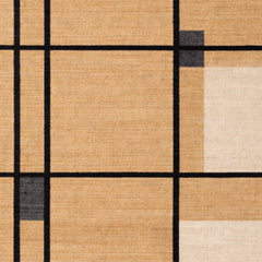 Rug with geometric pattern of squares in brown, beige, and black.