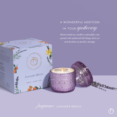 Lavender Breeze Trinket Jar Candle, jar and box with apothecary text and fragrance label, infographic view