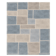 Rectangular rug with a pattern of blue and beige squares on a white background