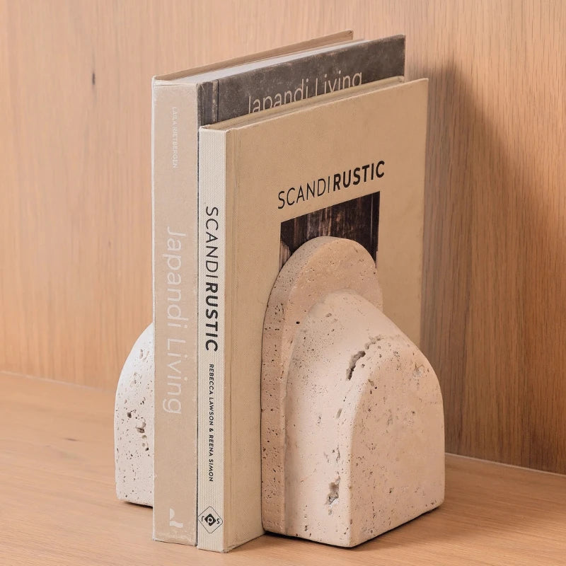 Arch Travertine Bookend - Set of 2 - Holding Books, Side Angle on Wooden Shelf