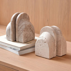 Arch Travertine Bookend - Set of 2 - Styled Beside Second Arch Pair on Wooden Shelf