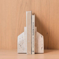 Arch Travertine Bookend - Set of 2 - Front View Holding Two Slim Books