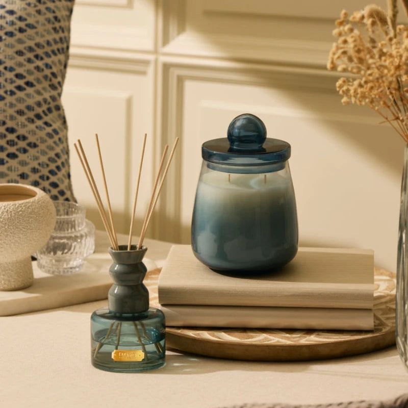 Cosmic Set - Lid Jar Candle (M) & Diffuser - Dusk - Balmy Bergamot - Set of 2, smoky blue jar candle and diffuser on round tray
