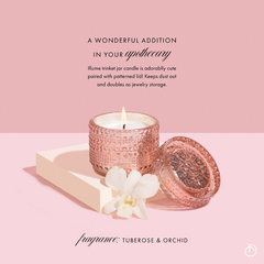 Tuberose & Orchid Fragrance Trinket Jar Candle, pink glass jar on cream tray with apothecary text, infographic view