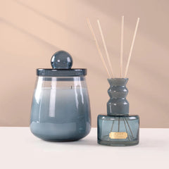 Cosmic Set - Lid Jar Candle (M) & Diffuser - Dusk - Balmy Bergamot - Set of 2, lidded jar and reed diffuser, front view