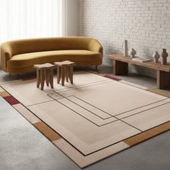 Modern living room with a beige rug, yellow sofa, and wooden furniture.