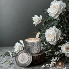 Night Jasmine Fragrance Trinket scented Jar Candle with lid, silver glass jar candle lit on a wood slice with white roses