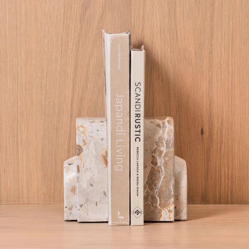 Arcadian Bookend - Set of 2 - Front View Holding Two Slim Books, Beige Marble