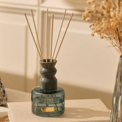 Cosmic Set - Lid Jar Candle (M) & Diffuser - Dusk - Balmy Bergamot - Set of 2, close-up of smoky blue reed diffuser