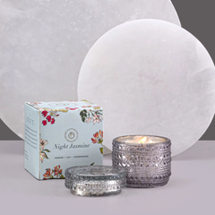 Night Jasmine Fragrance Trinket Jar Candle, silver glass jar, lid and box against a white stone disc, low angle