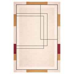 Beige area rug with geometric pattern on a white background