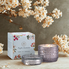 Night Jasmine Fragrance Trinket Jar scented Candle with lid and box styled with cream blossom branches