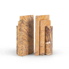 Stepper Bookend - Set of 2 - Pair on White Background, Tiered Brown Marble with Dark Veining