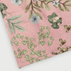 Valley Rose Linen Table Runner close-up of corner hem-stitch and floral print