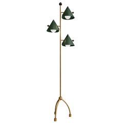 Paan Floor Lamp with three green conical lampshades in leather and brass 