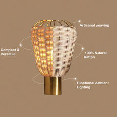 Woven rattan Meiji Table Lamp with gold base on a beige background