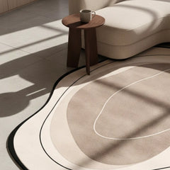 Modern living room with a beige rug, wooden side table, and white sofa.
