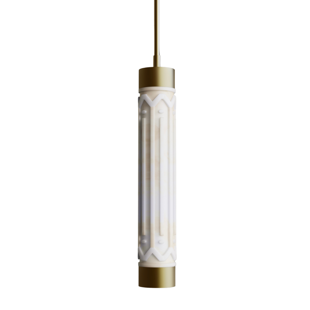 Decorative sleek cylindrical pendant light with gold and white design on a white background