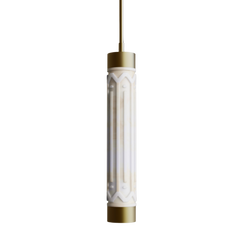 Decorative sleek cylindrical pendant light with gold and white design on a white background